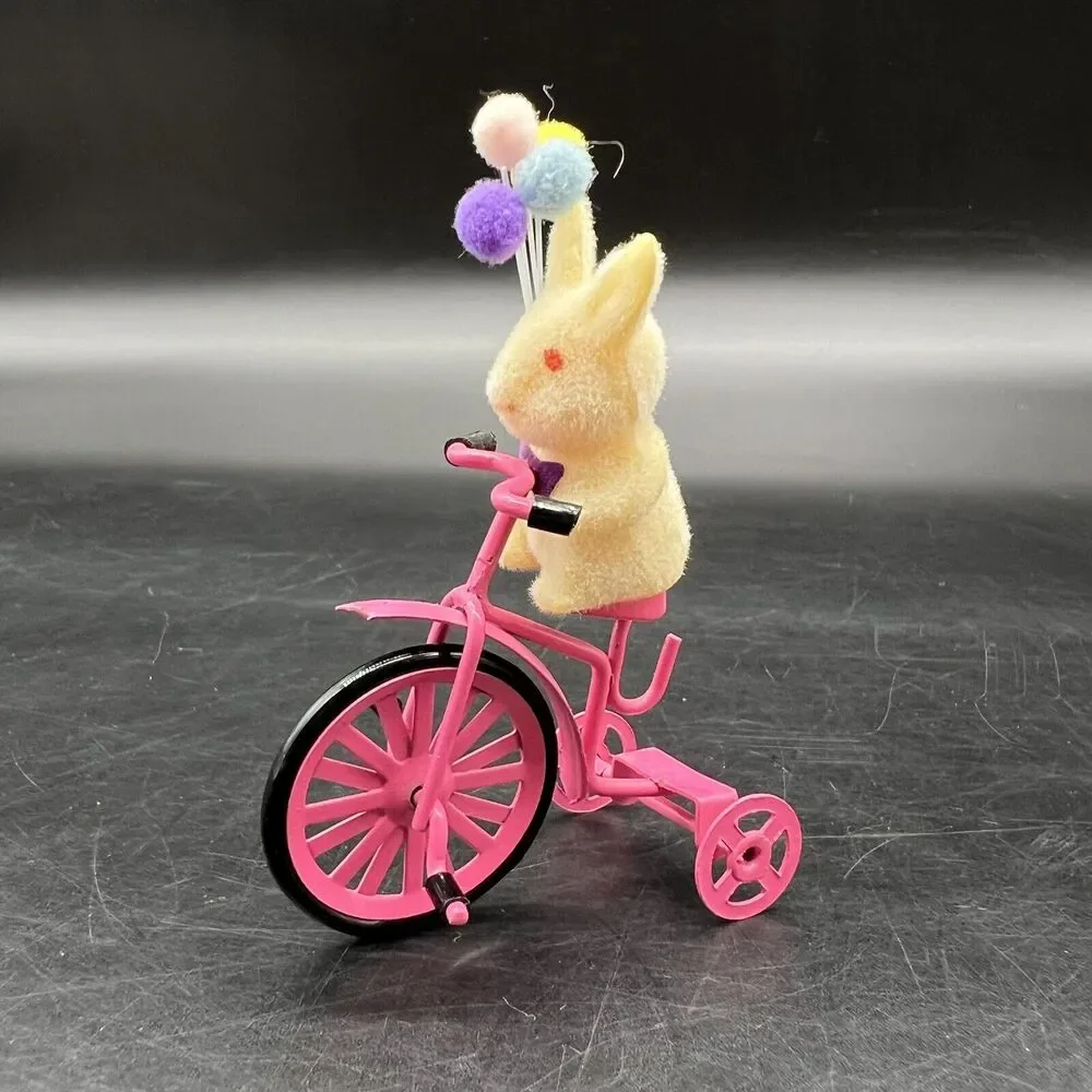 Flocked Bunny Riding Pink Bike with Balloons Ornament Metal Tricycle Rabbit